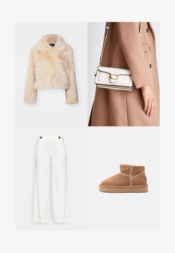 Faux fur cropped jacket in light beige, featuring a wide collar and long sleeves, with a soft, fluffy texture and no visible closures.; Vero Moda VMBOOM V NECK NOOS - Jumper - birch melange; White wide-leg trousers made from a smooth fabric. Features a high waistband with black button accents and two side pockets.; Brown suede ankle boots with a rounded toe, white decorative stitching, and a tan rubber sole featuring a zigzag tread pattern.; White leather crossbody bag with a gold clasp, featuring a structured design, contrasting edges, and a thin adjustable strap.