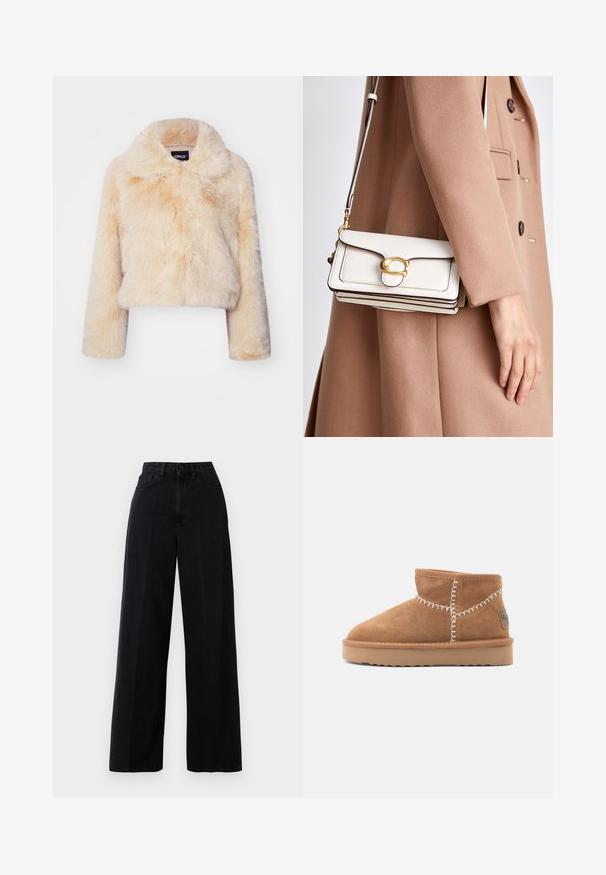 Lahek bež jakna iz umetnega krzna, s širokim ovratnikom in dolgimi rokavi, s mehko in puhasto teksturo ter brez vidnih zapiral. ; Vero Moda VMBOOM V NECK NOOS - Pulover - birch melange; Črne široke jeans hlače iz denima, z visokim pasom, sprednjimi žepi in gumbnim zapiranjem. Tkanina ima gladko teksturo.; Rjavi semiš gležnjarji s zaobljenim nosom, belimi okrasnimi šivi in rjavim gumijastim podplatom z zik-zak vzorcem.; Bela usnjena torbica za čez ramo z zlatim zapiranjem, ki ima strukturirano zasnovo, kontrastne robove in tanek nastavljiv trak.