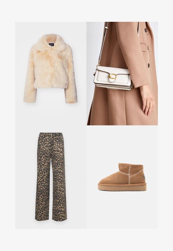 Mākslīgās zamšādas īsais mētelis gaiši bēšā krāsā, ar platām apkaklēm un garām piedurknēm, ar mīkstu, pūkainu tekstūru un bez redzamām aizdaru detaļām.; Vero Moda VMBOOM V NECK NOOS - Džemperis - birch melange; Leopardi raksts platās kājas džinsi kokvilnas maisījumā. Iezīmē augsto jostasvietu, priekšējās kabatas un kontrastējošo melnbrauno rakstu. Šaurs, taisns griezums.; Brūni zamšādas potītes zābaki ar noapaļotu purngalu, baltu dekoratīvu šuvi un brūnganu gumijas zoli ar viļņveidīgu rakstu.; Baltas ādas crossbody soma ar zelta sprādzi, ar strukturētu dizainu, kontrastējošām malām un plānu regulējamu siksnu.