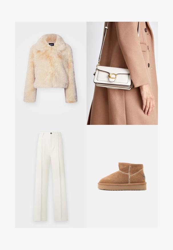 Veste courte en fausse fourrure couleur beige clair, dotée d'un large col et de manches longues, avec une texture douce et duveteuse et sans fermetures visibles.; Vero Moda VMBOOM V NECK NOOS - Pullover - birch melange; Pantalons blancs à jambes larges avec taille haute, dotés de deux plis sur le devant, d'une fermeture à un bouton et de poches. Texture de tissu lisse.; Bottines en daim marron à bout rond, avec des coutures décoratives blanches et une semelle en caoutchouc beige ornée d'un motif de semelle en zigzag.; Sac en cuir blanc à bandoulière avec un fermoir en or, présentant un design structuré, des bords contrastés et une fine sangle ajustable.