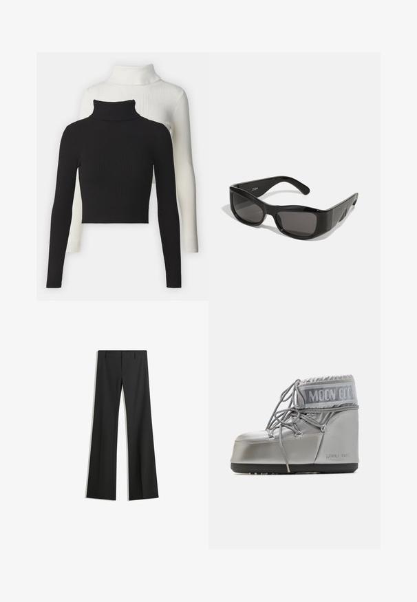 Faux fur kort jacka i ljusbeige, med en bred krage och långa ärmar, i en mjuk, fluffig textur och utan synliga knäppningar.; Två ribbade polotröjor: en svart och en vit. Båda har långa ärmar och en kortad passform, med ett mjukt, texturerat tyg.; Svarta vida byxor i slät tyg med hög midja och rena linjer, utan synliga mönster eller utsmyckningar.; Silverfärgad vattentät stövel med rundad form, texturerad yta och grå snören. Har en framträdande "MOON BOOT"-logotyp på den övre sektionen.; Svarta rektangulära solglasögon med mörka linser, gjorda av glänsande plast. Bågen har skarpa vinklar och en distinkt logotyp på armen.; MM6 Maison Margiela SMALL JAPANESE - Shoppingväska - black