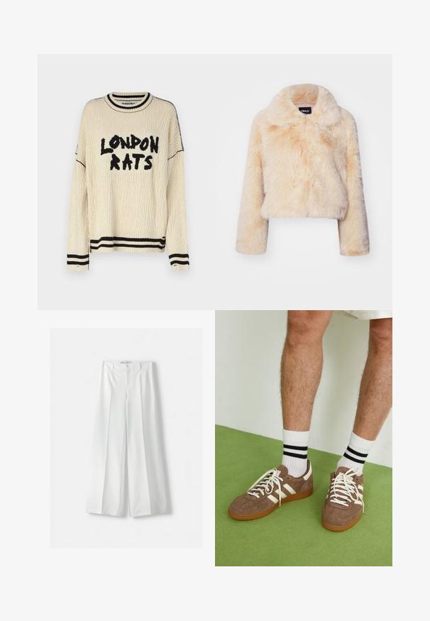 Lahek bež jakna iz umetnega krzna, s širokim ovratnikom in dolgimi rokavi, s mehko in puhasto teksturo ter brez vidnih zapiral. ; The Ragged Priest LONDON RATS - Pulover - ecru/black; Bershka WIDE-LEG TAILORED - Hlače - white; Rjavi semiš športni čevlji z belimi detajli in vezalkami. Gumijast podplat. Nošeni z belimi nogavicami z črnimi črtami. Zelena teksturirana talna obloga.