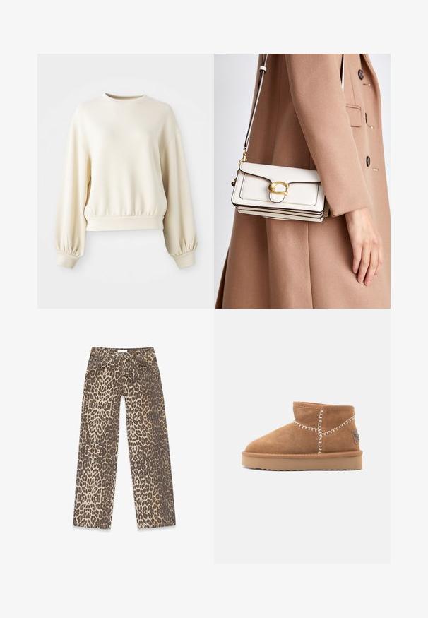 Giacca corta in pelliccia sintetica di un beige chiaro, con un ampio colletto e maniche lunghe, caratterizzata da una texture morbida e soffice e senza chiusure visibili.; Felpa color crema con colletto rotondo, orlo a costine e maniche a palloncino. Realizzata in un tessuto leggero e morbido.; Jeans in denim con stampa leopardata, caratterizzati da una palette di colori neutri beige e marrone, design a gamba dritta e dettagli tradizionali delle tasche.; Stivaletti ankle in suede marrone con punta arrotondata, cuciture decorative bianche e suola in gomma color beige con un motivo a zigzag.; Borsa a tracolla bianca in pelle con una chiusura dorata, caratterizzata da un design strutturato, bordi in contrasto e una sottile tracolla regolabile.