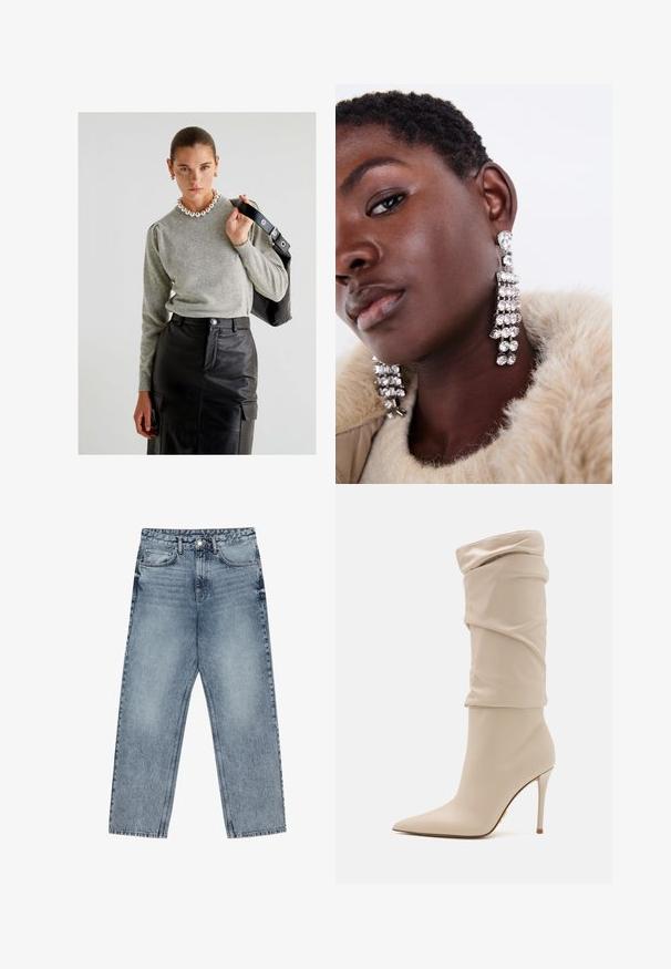 Sako z umělé kožešiny v světle béžové barvě, s širokým límcem a dlouhými rukávy, s měkkou, nadýchanou strukturou a bez viditelných zapínání.; Šedý pletený svetr s kulatým výstřihem a balónovými rukávy, v kombinaci s černou koženou sukní s vysokým pasem, která má kapsy a pásek.; Světle modré džíny z denimu se střihom rovnými nohavicemi, viditelným šitím, designem s pěti kapsami a knoflíkovým zapínáním v pase.; Béžová kotníková bota na vysokém podpatku z hladké kůže s volným designem, špičatou špičkou a tenkým jehlovým podpatkem. Zlatý detail na zadní straně.; Stříbrné visací náušnice s několika průhlednými rhinestony, které mají kaskádový design a texturované povrchy, umístěné na neutrálním pozadí.