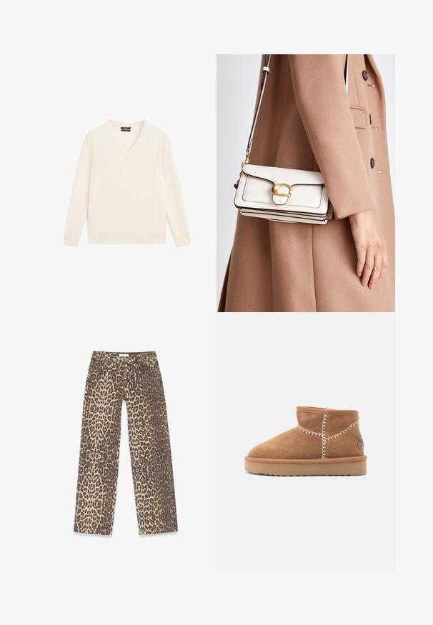 Kurtka z sztucznego futra w jasnym beżu, z szerokim kołnierzem i długimi rękawami, o miękkiej, puszystej fakturze, bez widocznych zapięć.; Kremowy sweter z dekoltem w kształcie litery V, wykonany z miękkiego materiału, z długimi rękawami, prążkowanymi mankietami i dołem oraz luźnym krojem. Minimalistyczny design bez wzorów.; Jeans dżinsowe w panterkę z neutralną paletą kolorów beżowego i brązowego, prostą nogawką oraz tradycyjnymi detalami kieszeni.; Brązowe zamszowe botki do kostki z okrągłym noskiem, białym dekoracyjnym haftem i brązową gumową podeszwą z zygzakowatym wzorem bieżnika.; Biała skórzana torebka na ramię z złotym zapięciem, charakteryzująca się usztywnioną konstrukcją, kontrastującymi krawędziami oraz cienkim, regulowanym paskiem.