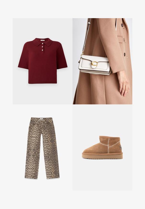 Faux fur kort jacka i ljusbeige, med en bred krage och långa ärmar, i en mjuk, fluffig textur och utan synliga knäppningar.; Burgunderfärgad stickad polo tröja med korta ärmar, en klassisk krage och fyra knappar med rund vita knappar.; Jeans i leopardmönster med en neutral beige och brun färgpalett, rak bendesign och traditionella fickdetaljer.; Bruna mocka ankelstövlar med rund tå, vit dekorativ sömnad och en tan gummisula med ett zick-zack mönster.; Vit läder crossbody-väska med ett guldspänne, med en strukturerad design, kontrasterande kanter och ett tunt justerbart band.