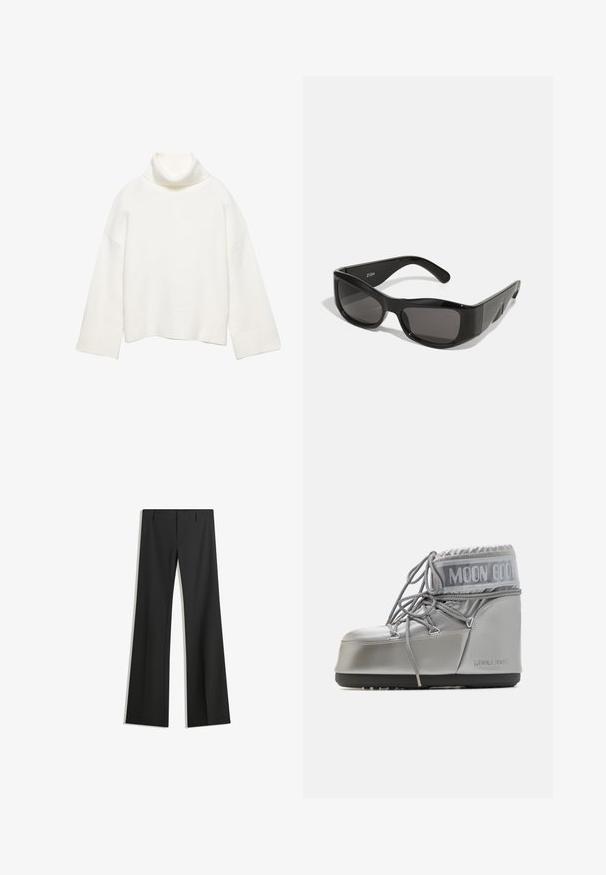 Nepbont cropped jas in lichtbeige, met een brede kraag en lange mouwen, een zachte, fluffy textuur en zonder zichtbare sluitingen.; Witte coltrui gemaakt van zachte stof, met een losse pasvorm, verlaagde schouders en brede geribbelde manchetten en zoom.; Zwarte wijde broek van een gladde stof, met een hoge taille en strakke lijnen, zonder zichtbare patronen of versieringen.; Zilveren waterdichte boot met een afgeronde vorm, een gestructureerde afwerking en grijze veters. Kenmerkt zich door een opvallend "MOON BOOT" logo op het bovenste deel.; Zwarte rechthoekige zonnebril met donkere lenzen, gemaakt van glanzend plastic. Het montuur heeft scherpe hoeken en een onderscheidend logo op de arm.; MM6 Maison Margiela SMALL JAPANESE - Shopper - black