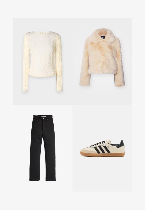 Kurtka z sztucznego futra w jasnym beżu, z szerokim kołnierzem i długimi rękawami, o miękkiej, puszystej fakturze, bez widocznych zapięć.; Długi rękaw kremowy top z teksturowanym wzorem, okrągłym dekoltem i delikatnymi falbankami na brzegach. Lekka, delikatna tkanina.; Czarne dżinsy w prostym kroju, z wysokim stanem, pięcioma kieszeniami, metalowym zapięciem i minimalnymi detalami przeszyć.; Beżowe buty sportowe z czarnymi paskami, gumową podeszwą i czarnymi akcentami. Posiadają górną część z gładkiej skóry oraz okrągły kształt noska.