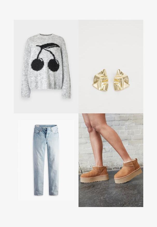 Casaco curto de pele sintética em bege claro, com um colarinho largo e mangas longas, apresentando uma textura suave e felpuda, sem fechos visíveis.; Noisy May NMSUTTON CHERRY - Camisola - light grey melange; Jeans de ganga azul claro com corte reto, dois bolsos frontais e dois bolsos traseiros. Inclui fecho com dois botões e costura discreta.; Botas de cano baixo em camurça castanha com um forro felpudo, sola de plataforma espessa em bege e puxador na parte de trás. Superfície texturizada com detalhes de costura visíveis.; Brincos metálicos dourados com um design ondulado; superfície lisa e reflexiva; forma assimétrica; sem padrões ou acessórios visíveis.