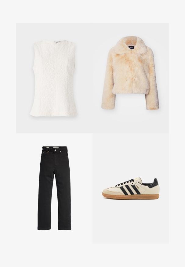 Faux fur cropped jakke i lys beige, med en bred krave og lange ærmer, der har en blød, fluffy tekstur og ingen synlige lukninger.; Hvid ærmeløs top lavet af struktureret stof med blomstermønster; har en lynlås i ryggen og en let udvidet kant.; Sorte denim jeans med lige ben, der har en høj talje, fem-lomme design, metal knaplukning og minimale syninger.; Beige sportssko med sorte striber, gummibetræk samt sorte detaljer. Har en glat læderoverdel og et rundt tådesign.