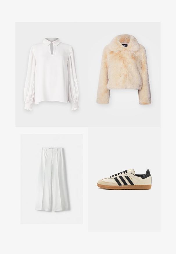 Sako z umělé kožešiny v světle béžové barvě, s širokým límcem a dlouhými rukávy, s měkkou, nadýchanou strukturou a bez viditelných zapínání.; Bílá blůza s límečkem a detaily ve tvaru klíčové dírky. Dlouhé, skládací rukávy s elastickými manžetami. Hladká textura a volný střih.; Bershka WIDE-LEG TAILORED - Kalhoty - white; Beige sportovní obuv s černými pruhy, gumovou podešví a černými akcenty. Disponuje hladkým koženým svrškem a zaobleným tvarem špičky.