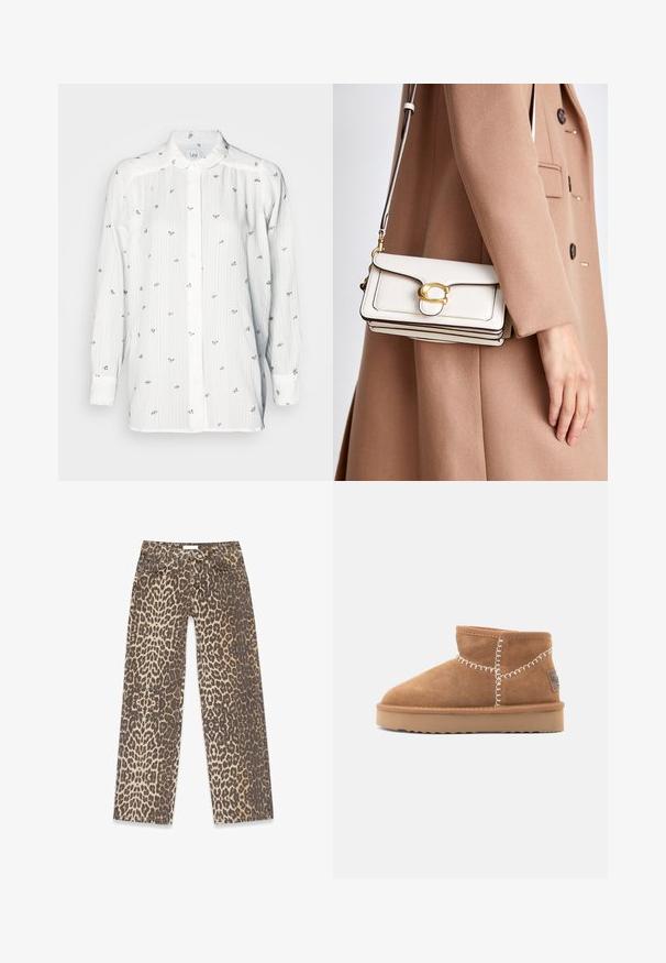 Faux fur cropped jacket in light beige, featuring a wide collar and long sleeves, with a soft, fluffy texture and no visible closures.; White long-sleeve shirt with vertical stripes and small floral embroidery. Features a button-down collar and regular fit. Soft fabric texture.; Leopard print denim jeans featuring a neutral beige and brown color palette, straight leg design, and traditional pocket details.; Brown suede ankle boots with a rounded toe, white decorative stitching, and a tan rubber sole featuring a zigzag tread pattern.; White leather crossbody bag with a gold clasp, featuring a structured design, contrasting edges, and a thin adjustable strap.