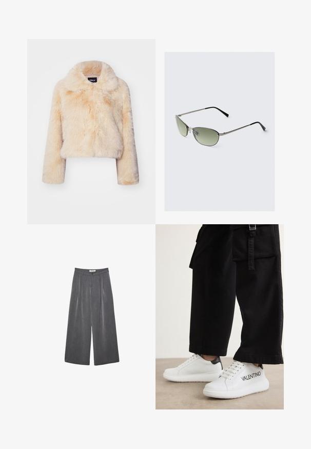 Iznimno kratka jakna od umjetnog krzna u svijetlo bež boji, koja se ističe širokim ovratnikom i dugim rukavima, s mekom, pahuljastom teksturom i bez vidljivih kopčanja.; Bezrukava svijetlozelena majica izrađena od glatkog materijala, s visokim ovratnikom i priljubljenim siluetom. Nema vidljivih metalnih dijelova niti uzoraka.; Dugi hlače širokog kroja s plitkim naborima u tamnosivoj tkanini s suptilnom teksturom. Sadrže zatvaranje na gumba i klasičan dizajn struka.; Bijele kožne tenisice s debelim potplatom, s crnim akcentima i natpisom "VALENTINO" s bočne strane. Upareno s crnim širokim hlačama.; Metalne sunčane naočale s izduženim zelenim staklima, tankim srebrnim okvirom i crnim vrhovima za uši. Imaju male nose pads za udobnost.