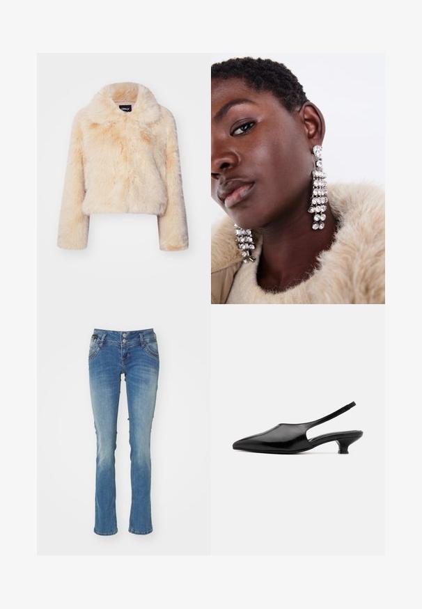 Šviesiai bežinis dirbtinio kailio trumpas švarkas su plačiu apykakle ir ilgomis rankovėmis, minkšta ir pūkuota tekstūra, be matomų užsegimų.; Du kamščių be rankovių juodos ir baltos spalvų, pagaminti iš banguoto medvilnės, su apvaliais kaklo iškirpimais ir priglundančiu siluetu. Matomi etiketės abiejuose.; Šviesiai mėlyni džinsai su lengvu nusidėvėjimu, plačiais sijonais apačioje, dviejų mygtukų užsegimu, klasikiniu penkių kišenių dizainu ir subtiliais siuvinėjimo akcentais.; Juodos odinės slingback kulnowi su smailiu nosiu, atvira šonine dalimi ir trumpu, platėjančiu kulnu. Lygus tekstūra ir minimalistinis dizainas.; Sidabriniai auskarai, papuošti keliais skaidriais deimantais, turintys kaskadą primenančią struktūrą ir tekstūruotas paviršius, prieš neutralų foną.