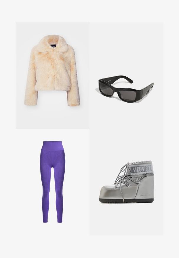 Faux-Fur-gekürzte Jacke in hellem Beige, mit breitem Kragen und langen Ärmeln, einer weichen, flauschigen Textur und ohne sichtbare Verschlüsse.; Schwarzes Langarm-T-Shirt aus Baumwolle, mit Rundhalsausschnitt und glatter Textur. Minimalistisches Design ohne Muster oder Akzente.; Lila Hochtaillleggings mit strukturierten Strickpaneelen, glatter Oberfläche und gerippten Akzenten an der Taille und am Knöchel.; Silberner wasserdichter Stiefel mit runder Form, strukturiertem Finish und grauen Schnürsenkeln. Besitzt ein großes "MOON BOOT"-Logo im oberen Bereich.; Schwarze rechteckige Sonnenbrille mit dunklen Gläsern, aus glänzendem Kunststoff gefertigt. Das Gestell hat scharfe Winkel und ein markantes Logo am Bügel.; MM6 Maison Margiela SMALL JAPANESE - Shopping Bag - black