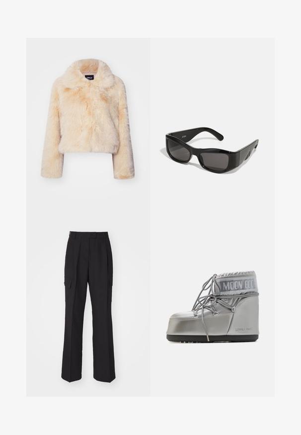 Faux fur cropped jacket in light beige, featuring a wide collar and long sleeves, with a soft, fluffy texture and no visible closures.; Black long-sleeve T-shirt made from cotton, featuring a crew neckline and a smooth texture. Minimalist design with no patterns or accents.; Black cargo pants with a straight-leg design, made from a smooth material. Features two side pockets and a clean waistband.; Silver waterproof boot with a rounded shape, textured finish, and grey laces. Features a prominent "MOON BOOT" logo on the upper section.; Black rectangular sunglasses with dark lenses, made of glossy plastic. The frame features sharp angles and a distinctive logo on the arm.; MM6 Maison Margiela SMALL JAPANESE - Tote bag - black