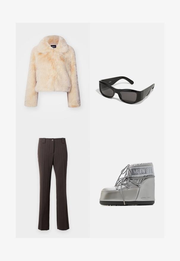 Nepbont cropped jas in lichtbeige, met een brede kraag en lange mouwen, een zachte, fluffy textuur en zonder zichtbare sluitingen.; Zwart langwerpig T-shirt met lange mouwen van katoen, met een ronde halslijn en een gladde textuur. Minimalistisch ontwerp zonder patronen of accenten.; Bruine broek met streepjes, met een getailleerd ontwerp, voorzien van een knoopsluiting aan de voorkant en een rechte pijp. Zachte stoftextuur.; Zilveren waterdichte boot met een afgeronde vorm, een gestructureerde afwerking en grijze veters. Kenmerkt zich door een opvallend "MOON BOOT" logo op het bovenste deel.; Zwarte rechthoekige zonnebril met donkere lenzen, gemaakt van glanzend plastic. Het montuur heeft scherpe hoeken en een onderscheidend logo op de arm.; MM6 Maison Margiela SMALL JAPANESE - Shopper - black