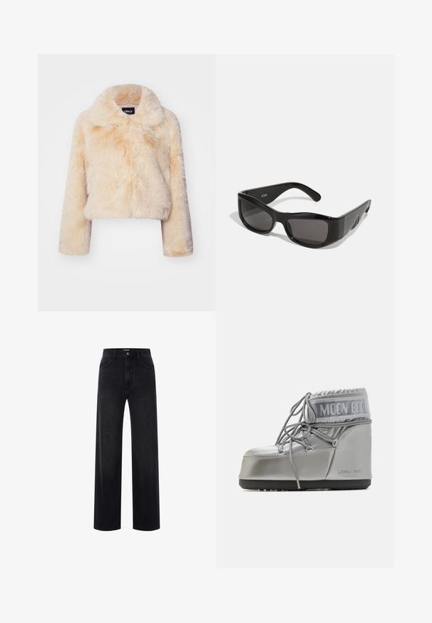 Sako z umělé kožešiny v světle béžové barvě, s širokým límcem a dlouhými rukávy, s měkkou, nadýchanou strukturou a bez viditelných zapínání.; Černé dlouhé tričko s rukávy vyrobené z bavlny, s kulatým výstřihem a hladkou texturou. Minimalistický design bez vzorů nebo akcentů.; Černé džíny s vysokým pasem a rovnými nohavicemi, s předním zapínáním na knoflík a zip, poutky na opasek a předními kapsami.; Stříbrná voděodolná bota s kulatým tvarem, texturovaným povrchem a šedými tkaničkami. Na horní části se nachází výrazné logo "MOON BOOT".; Černé obdélníkové sluneční brýle s tmavými skly, vyrobené z lesklého plastu. Rám má ostré úhly a výrazné logo na straně.; MM6 Maison Margiela SMALL JAPANESE - Velká kabelka - black