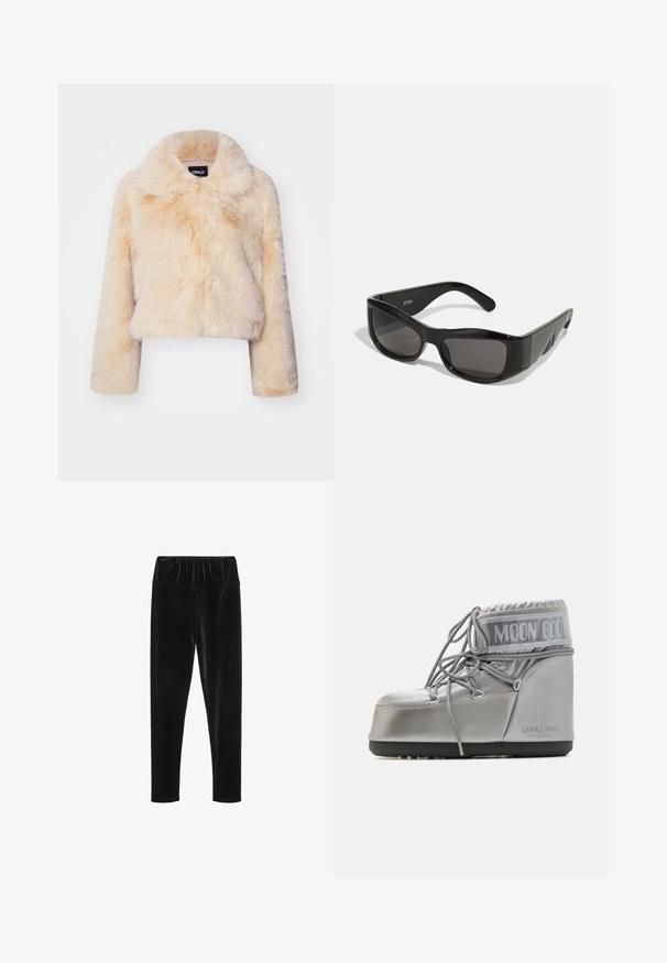 Kurtka z sztucznego futra w jasnym beżu, z szerokim kołnierzem i długimi rękawami, o miękkiej, puszystej fakturze, bez widocznych zapięć.; Czarna koszulka z długim rękawem wykonana z bawełny, z okrągłym dekoltem i gładką fakturą. Minimalistyczny design bez wzorów czy akcentów.; Czarne legginsy z weluru z elastycznym pasem i gładką, błyszczącą teksturą. Dopasowany krój z zwężającymi się nogawkami.; Srebrny wodoodporny but o zaokrąglonym kształcie, teksturowanym wykończeniu i szarych sznurówkach. Posiada wyraźne logo "MOON BOOT" na górnej części.; Czarne prostokątne okulary przeciwsłoneczne z ciemnymi szkłami, wykonane z błyszczącego plastiku. Oprawka ma ostre kąty oraz charakterystyczne logo na zausznicy.; MM6 Maison Margiela JAPANESE czarny