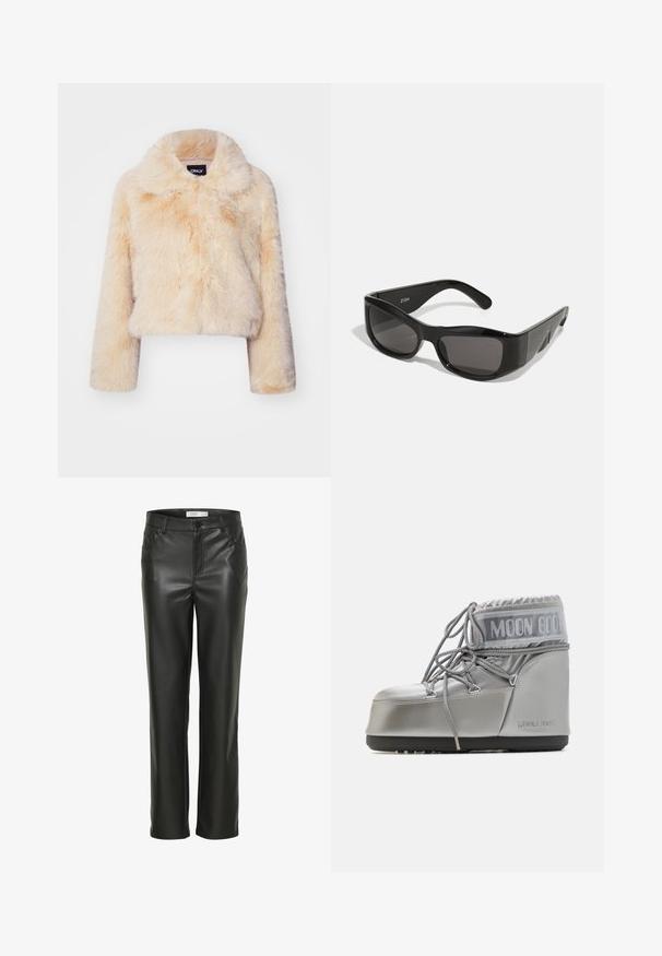 Giacca corta in pelliccia sintetica di un beige chiaro, con un ampio colletto e maniche lunghe, caratterizzata da una texture morbida e soffice e senza chiusure visibili.; T-shirt nero a maniche lunghe realizzato in cotone, con scollatura a girocollo e una superficie liscia. Design minimalista senza motivi o accenti.; Pantaloni in pelle nera con design a gamba dritta, dotati di tasche frontali e chiusura con bottone. Texture liscia con un aspetto elegante.; Stivale impermeabile argento con forma arrotondata, finitura texture e lacci grigi. Presenta un evidente logo "MOON BOOT" sulla parte superiore.; Occhiali da sole neri rettangolari con lenti scure, realizzati in plastica lucida. La montatura presenta angoli definiti e un logo distintivo sul braccio.; MM6 Maison Margiela SMALL JAPANESE - Shopping bag - black