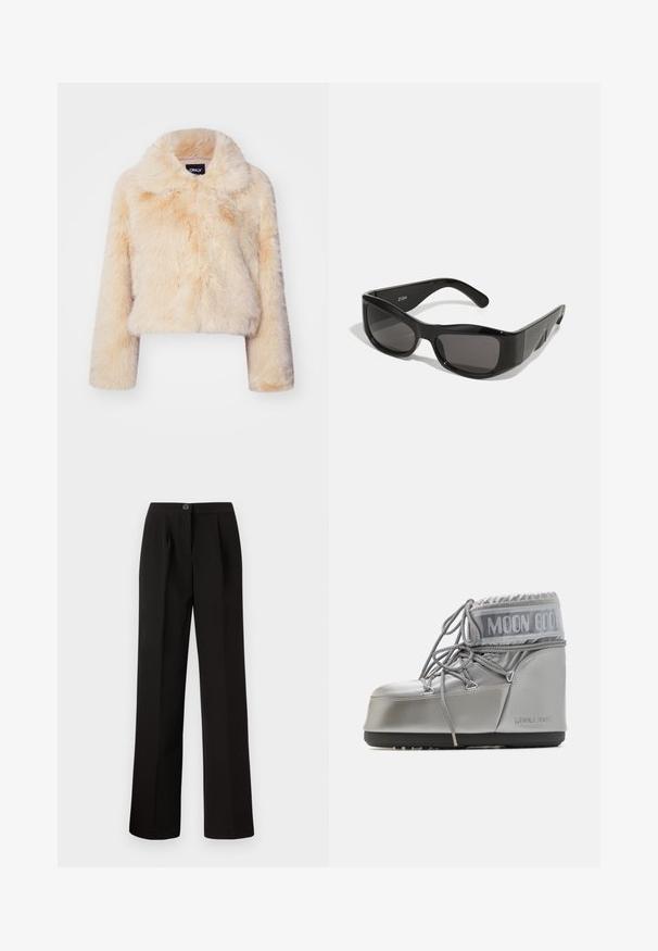 Faux fur cropped jacket in light beige, featuring a wide collar and long sleeves, with a soft, fluffy texture and no visible closures.; Black long-sleeve T-shirt made from cotton, featuring a crew neckline and a smooth texture. Minimalist design with no patterns or accents.; Black trousers with a straight-leg design, featuring front pleats, a button closure, and a smooth, textured fabric.; Silver waterproof boot with a rounded shape, textured finish, and grey laces. Features a prominent "MOON BOOT" logo on the upper section.; Black rectangular sunglasses with dark lenses, made of glossy plastic. The frame features sharp angles and a distinctive logo on the arm.; MM6 Maison Margiela SMALL JAPANESE - Tote bag - black