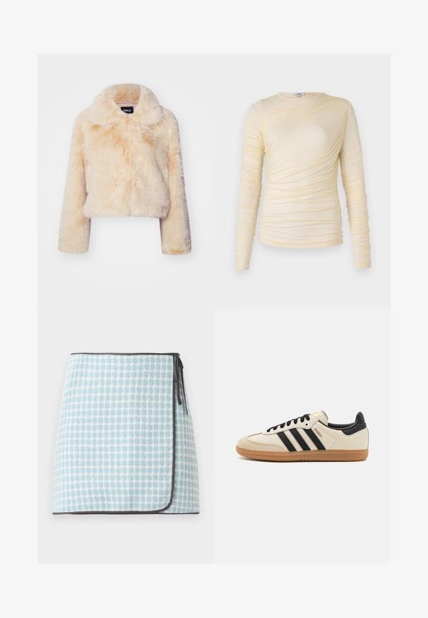 Faux pels cropped jakke i lys beige, med bred krage og lange ermer, i en myk, fluffy tekstur og uten synlige lukkinger.; Kremfarget langermet topp med rynket tekstur og en lett tilpasset silhuett. Mykt stoff med rund halslinning og jevne sømmer.; Innpakningsskjørt i lyseblått og hvitt rutemønster, med en myk tekstur og kontrasterende mørk kant. Belte på siden for lukking.; Beige idrettssko med svarte striper, gummigummi yttersåle og svarte detaljer. Har en glatt lær overdel og en avrundet tådesign.