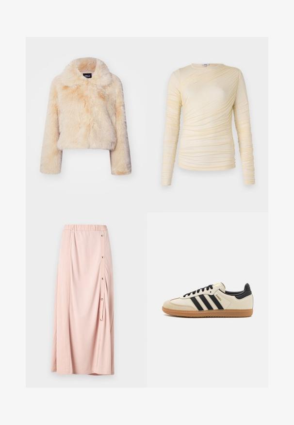 Veste courte en fausse fourrure couleur beige clair, dotée d'un large col et de manches longues, avec une texture douce et duveteuse et sans fermetures visibles.; Haut à manches longues crème, avec une texture froncée et une silhouette légèrement ajustée. Tissu doux avec un col rond et des coutures lisses.; Jupe maxi rose avec une taille élastique, dotée d'une ouverture sur le côté avec des boutons et d'un tissu doux et lisse. Design léger et fluide.; Baskets de sport beiges avec des rayures noires, semelle en caoutchouc gomme et accents noirs. Elles présentent un dessus en cuir lisse et un design de bout arrondi.