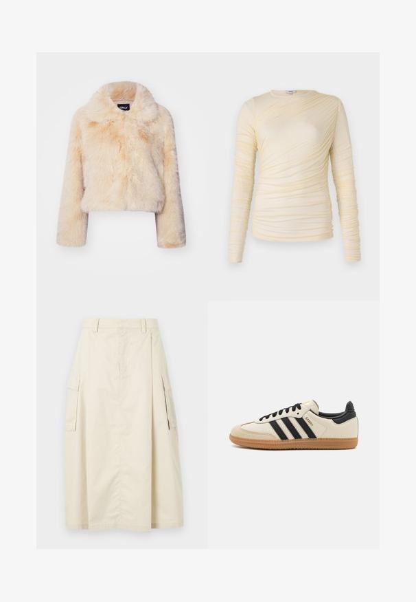 Faux fur kort jacka i ljusbeige, med en bred krage och långa ärmar, i en mjuk, fluffig textur och utan synliga knäppningar.; Krämbelagd långärmad topp, med räfflad struktur och en något figurnära silhuett. Mjuk tyg med rund halsringning och släta sömmar.; Beige, knä-lång kjol i bomull. Har två sidofickor i cargo-stil och en framfåll, med midjeband och dold dragkedjestängning.; Beige idrottssko med svarta ränder, gummigummi-sula och svarta detaljer. Har en slät läderöverdel och en rundad tåkonstruktion.