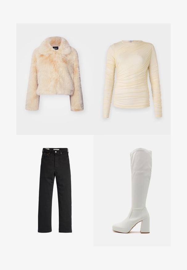Chaqueta corta de piel sintética en color beige claro, con un amplio collar y mangas largas, que presenta una textura suave y esponjosa sin cierres visibles.; Top de manga larga crema, presenta una textura fruncida con una silueta ligeramente ajustada. Tejido suave con un escote redondo y costuras lisas.; Jeans de mezclilla negra con un corte recto, que cuentan con una cintura alta, diseño de cinco bolsillos, cierre de botón metálico y detalles de costura mínimos.; RAID CANNON - Botas con plataforma - white