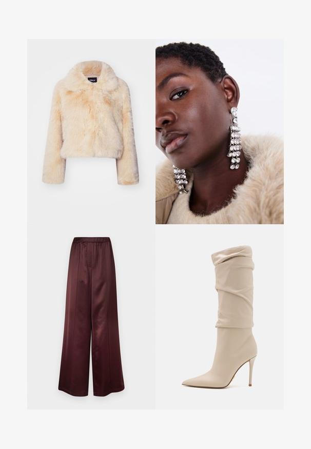 Giacca corta in pelliccia sintetica di un beige chiaro, con un ampio colletto e maniche lunghe, caratterizzata da una texture morbida e soffice e senza chiusure visibili.; Top a maniche lunghe crema, caratterizzato da una texture arricciata con una silhouette leggermente aderente. Tessuto morbido con scollatura rotonda e cuciture lisce.; Pantaloni a gamba larga in una profonda finitura satinata color bordeaux, dotati di una vita elastica e una texture liscia senza motivi o dettagli visibili.; Stivaletto beige con tacco alto, realizzato in pelle liscia, dal design morbido, punta affusolata e sottile tacco a stiletto. Dettaglio dorato sul retro.; Orecchini a goccia argentati con numerosi strass trasparenti, caratterizzati da un design a cascata e superfici testurizzate, su uno sfondo neutro.