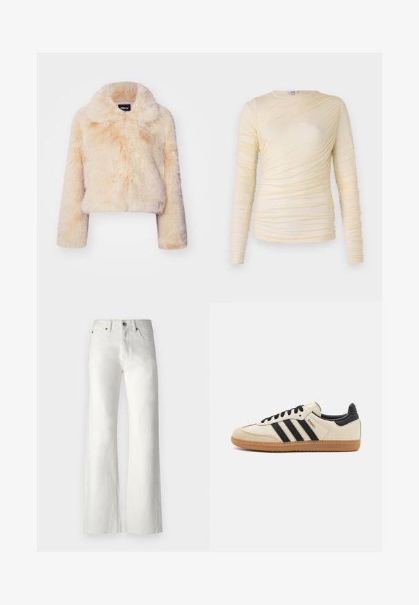 Šviesiai bežinis dirbtinio kailio trumpas švarkas su plačiu apykakle ir ilgomis rankovėmis, minkšta ir pūkuota tekstūra, be matomų užsegimų.; Kreminė ilgomis rankovėmis palaidinė, puošta raukšlėta tekstūra ir lengvai priglundančia siluetu. Minkšta medžiaga, apvaliu iškirpimu ir lygiais siūlėmis.; Balti, plačios kojų džinsai, pagaminti iš džinsinio audinio. Savybės apima aukštą liemens liniją, penkių kišenių dizainą ir subtilų siuvinėjimą siūlėse.; Bežiniai sportiniai bateliai su juodomis juostelėmis, guminiu padu ir juodais akcentais. Turi lygų odinį viršutinį sluoksnį ir suapvalintos nosies dizainą.