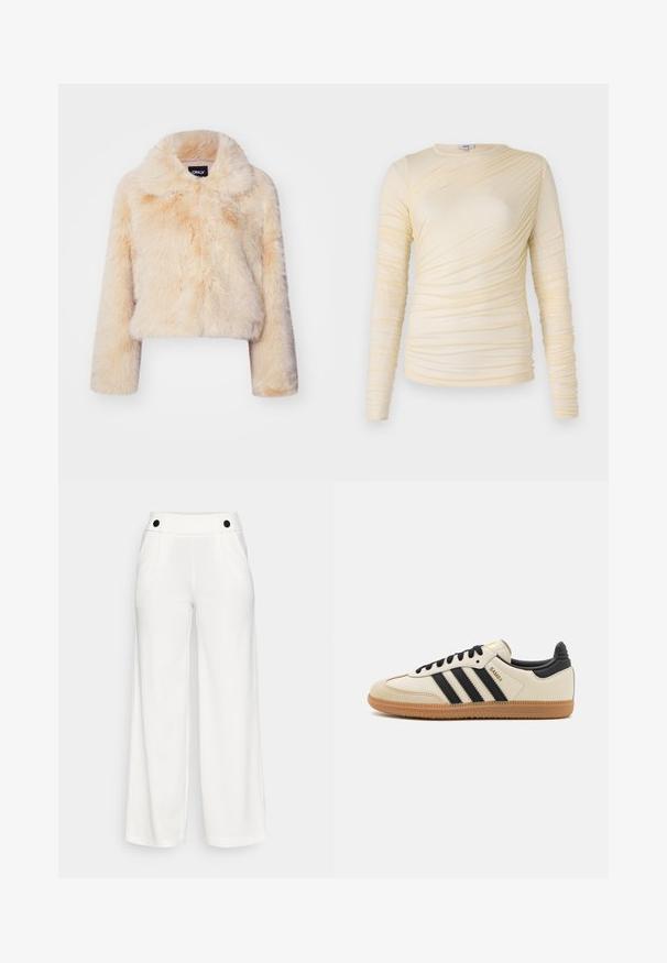 Faux fur cropped jacket in light beige, featuring a wide collar and long sleeves, with a soft, fluffy texture and no visible closures.; Cream long-sleeve top, features ruched texture with a slightly fitted silhouette. Soft fabric with a round neckline and smooth seams.; White wide-leg trousers made from a smooth fabric. Features a high waistband with black button accents and two side pockets.; Beige athletic shoe with black stripes, gum rubber outsole, and black accents. Features a smooth leather upper and a rounded toe design.