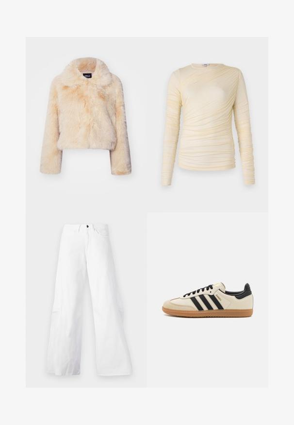 Faux fur cropped jacket in light beige, featuring a wide collar and long sleeves, with a soft, fluffy texture and no visible closures.; Cream long-sleeve top, features ruched texture with a slightly fitted silhouette. Soft fabric with a round neckline and smooth seams.; White wide-leg denim pants with a five-pocket design. Features a black button and zip fly closure. Smooth texture, straight silhouette.; Beige athletic shoe with black stripes, gum rubber outsole, and black accents. Features a smooth leather upper and a rounded toe design.