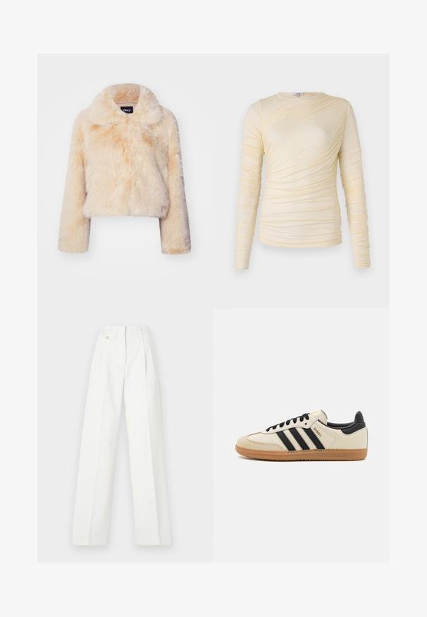 Šviesiai bežinis dirbtinio kailio trumpas švarkas su plačiu apykakle ir ilgomis rankovėmis, minkšta ir pūkuota tekstūra, be matomų užsegimų.; Kreminė ilgomis rankovėmis palaidinė, puošta raukšlėta tekstūra ir lengvai priglundančia siluetu. Minkšta medžiaga, apvaliu iškirpimu ir lygiais siūlėmis.; Baltos plačių kojų kelnės su atvartais, diržo kilpomis ir mygtukų uždarymu. Lygus paviršius, struktūruota dizainas, tinkantis įvairioms progoms.; Bežiniai sportiniai bateliai su juodomis juostelėmis, guminiu padu ir juodais akcentais. Turi lygų odinį viršutinį sluoksnį ir suapvalintos nosies dizainą.