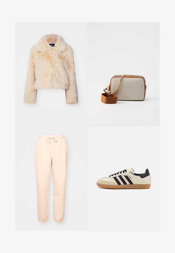 Rövidített, világos bézs színű műszőrme dzseki, széles gallérral és hosszú ujjal, puha, bolyhos textúrával, látható záródások nélkül.; Krém színű, hosszú ujjú felső, ráncolt textúrával és enyhén testhezálló fazonnal. Puha anyag, kerek nyakkivágással és sima varrásokkal.; Beige szabadidőnadrág rugalmas derékkal, állítható húzózsinórral, oldzsebekkel és rugalmas mandzsettákkal a boka részen. Puha, texturált anyag.; Beige sportcipő fekete csíkokkal, gumi talppal és fekete részletekkel. Simára cserzett bőr felsőrésze és kerek orra van.; Keresztpántos táska krém színű anyagból, amelyen ismétlődő MK logó minta található, barna bőrkiegészítők, valamint arany lánc pánt, amelyhez levehető barna pánt is tartozik.