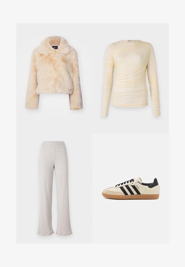 Faux fur cropped jacket in light beige, featuring a wide collar and long sleeves, with a soft, fluffy texture and no visible closures.; Cream long-sleeve top, features ruched texture with a slightly fitted silhouette. Soft fabric with a round neckline and smooth seams.; Light beige flared pants made from textured fabric, featuring an elastic waistband and wide leg design, suitable for casual wear.; Beige athletic shoe with black stripes, gum rubber outsole, and black accents. Features a smooth leather upper and a rounded toe design.