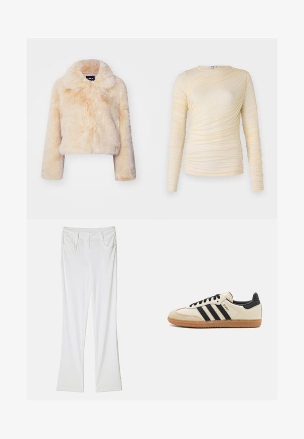 Faux pels cropped jakke i lys beige, med bred krage og lange ermer, i en myk, fluffy tekstur og uten synlige lukkinger.; Kremfarget langermet topp med rynket tekstur og en lett tilpasset silhuett. Mykt stoff med rund halslinning og jevne sømmer.; Hvite vide bukser med en glatt stofftekstur, som har to frontlommer og en sydd midje for en tettsittende look.; Beige idrettssko med svarte striper, gummigummi yttersåle og svarte detaljer. Har en glatt lær overdel og en avrundet tådesign.