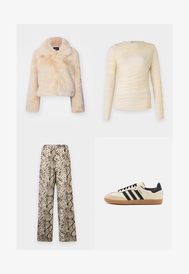 Giacca corta in pelliccia sintetica di un beige chiaro, con un ampio colletto e maniche lunghe, caratterizzata da una texture morbida e soffice e senza chiusure visibili.; Top a maniche lunghe crema, caratterizzato da una texture arricciata con una silhouette leggermente aderente. Tessuto morbido con scollatura rotonda e cuciture lisce.; Pantaloni a gamba larga con un motivo a pelle di serpente beige e nero. Il materiale è liscio e ha una texture leggera. Fascia in vita elasticizzata.; Scarpa sportiva beige con strisce nere, suola in gomma naturale e dettagli neri. Presenta una tomaia in pelle liscia e un design a punta arrotondata.