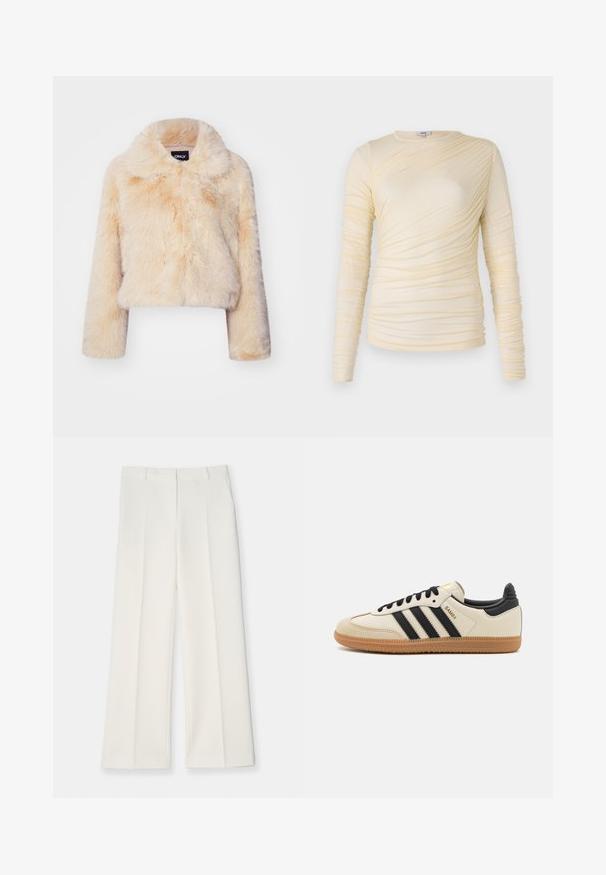 Chaqueta corta de piel sintética en color beige claro, con un amplio collar y mangas largas, que presenta una textura suave y esponjosa sin cierres visibles.; Top de manga larga crema, presenta una textura fruncida con una silueta ligeramente ajustada. Tejido suave con un escote redondo y costuras lisas.; Pantalones de pierna ancha en tejido color crema claro, con una textura suave, pliegues frontales y dos bolsillos laterales. Diseño de cinturilla ajustada.; Zapatilla deportiva beige con rayas negras, suela de goma y acentos negros. Presenta un upper de cuero suave y un diseño de punta redondeada.