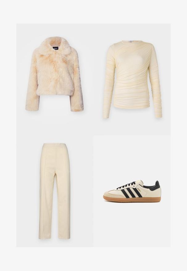 Faux pels cropped jakke i lys beige, med bred krage og lange ermer, i en myk, fluffy tekstur og uten synlige lukkinger.; Kremfarget langermet topp med rynket tekstur og en lett tilpasset silhuett. Mykt stoff med rund halslinning og jevne sømmer.; Kremfargede, rette bukser laget av bomull, med frontfrynser, en glatt tekstur og et midjebånd uten synlig maskinvare.; Beige idrettssko med svarte striper, gummigummi yttersåle og svarte detaljer. Har en glatt lær overdel og en avrundet tådesign.