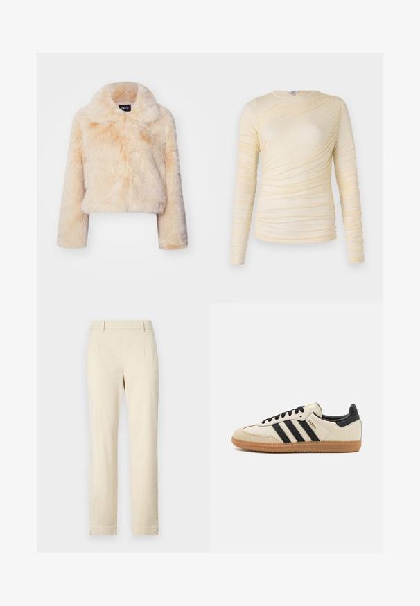 Chaqueta corta de piel sintética en color beige claro, con un amplio collar y mangas largas, que presenta una textura suave y esponjosa sin cierres visibles.; Top de manga larga crema, presenta una textura fruncida con una silueta ligeramente ajustada. Tejido suave con un escote redondo y costuras lisas.; Pantalones de algodón beige con un diseño de pierna recta, frente plano y un sutil detalle en las costuras. Sin bolsillos visibles ni herrajes.; Zapatilla deportiva beige con rayas negras, suela de goma y acentos negros. Presenta un upper de cuero suave y un diseño de punta redondeada.