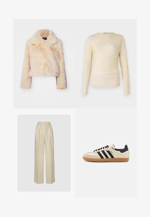 Giacca corta in pelliccia sintetica di un beige chiaro, con un ampio colletto e maniche lunghe, caratterizzata da una texture morbida e soffice e senza chiusure visibili.; Top a maniche lunghe crema, caratterizzato da una texture arricciata con una silhouette leggermente aderente. Tessuto morbido con scollatura rotonda e cuciture lisce.; ANDIATA GYTTA - Pantaloni - champagne; Scarpa sportiva beige con strisce nere, suola in gomma naturale e dettagli neri. Presenta una tomaia in pelle liscia e un design a punta arrotondata.