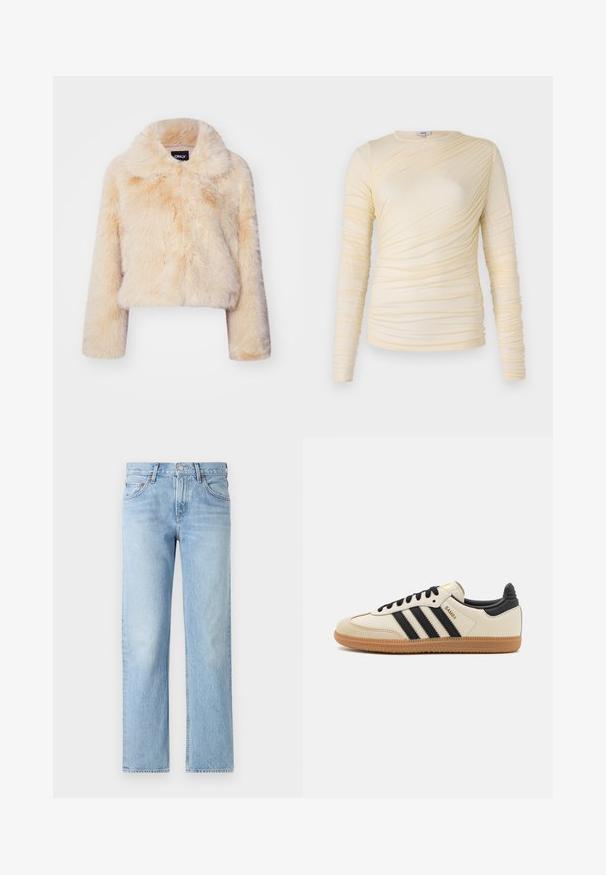 Mākslīgās zamšādas īsais mētelis gaiši bēšā krāsā, ar platām apkaklēm un garām piedurknēm, ar mīkstu, pūkainu tekstūru un bez redzamām aizdaru detaļām.; Krēmveida garas piedurknes krekls, ar rūtainu tekstūru un nedaudz pieguļošu siluetu. Mīksts audums ar apaļu kakla izgriezumu un gludām šuvēm.; Gai zili džinsi ar taisnu piegriezumu, piecām kabatām, ar pogu un rāvējslēdzēju, un nedaudz nodilušu apdari.; Bežs sporta apavi ar melnām svītrām, gumijas zole un melniem akcentiem. Ievērojams ar gludu ādas virsu un noapaļotu purngala dizainu.