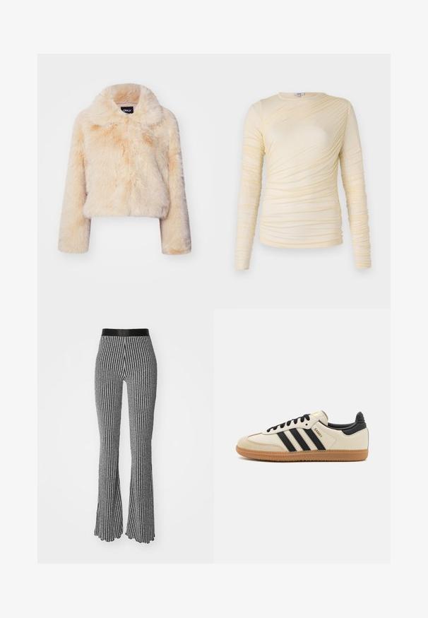Jachetă scurtă din blană sintetică de culoare bej deschis, cu un guler larg și mâneci lungi, având o textură moale și pufoasă, fără închideri vizibile.; Top crem cu mâneci lungi, cu textură plisată și o siluetă ușor ajustată. Material moale, cu decolteu rotund și cusături netede.; Pantaloni tricotati evazați în alb și negru, cu dungi verticale, talie ajustată și țesătură texturată cu un ușor luciu.; Pantofii sport bej cu dungi negre, talpă din cauciuc caramel și accente negre. Prezintă un partea superioară din piele netedă și un design cu vârf rotunjit.