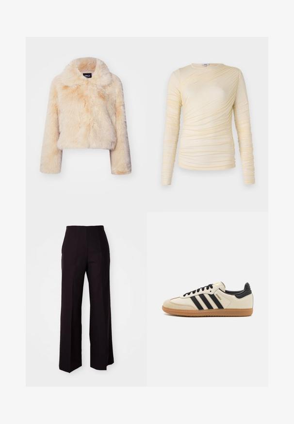 Šviesiai bežinis dirbtinio kailio trumpas švarkas su plačiu apykakle ir ilgomis rankovėmis, minkšta ir pūkuota tekstūra, be matomų užsegimų.; Kreminė ilgomis rankovėmis palaidinė, puošta raukšlėta tekstūra ir lengvai priglundančia siluetu. Minkšta medžiaga, apvaliu iškirpimu ir lygiais siūlėmis.; Juodos plačios kelnės su aukštu liemeniu, su lygiu paviršiumi ir subtiliomis priekineis klostėmis, pritaikytos struktūruotam pritaikymui.; Bežiniai sportiniai bateliai su juodomis juostelėmis, guminiu padu ir juodais akcentais. Turi lygų odinį viršutinį sluoksnį ir suapvalintos nosies dizainą.