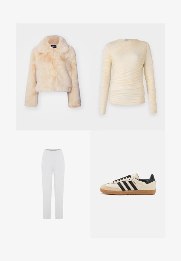 Nepbont cropped jas in lichtbeige, met een brede kraag en lange mouwen, een zachte, fluffy textuur en zonder zichtbare sluitingen.; Crème lange mouwen top, met gerimpelde textuur en een iets getailleerde silhouet. Zachte stof met een ronde halslijn en soepele naden.; Witte strakke broek met een soepele, elastische tailleband, een rechte pijpdesign en twee verticale naden aan de voorkant. Geen zakken of versieringen.; Beige sportieve schoen met zwarte strepen, gumrubberen zool en zwarte accenten. Beschikt over een gladleren bovenkant en een ronde neusdesign.
