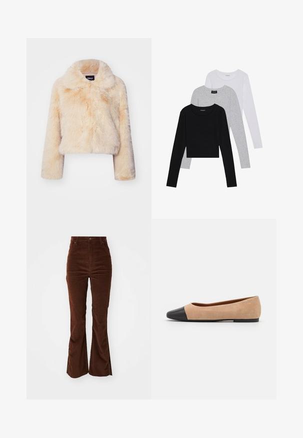 Faux fur cropped jakke i lys beige, med en bred krave og lange ærmer, der har en blød, fluffy tekstur og ingen synlige lukninger.; Tre langærmede toppe stablet: sort, grå og hvid. Hver har en rund halsudskæring og et cropped design med glat, let stof.; Højtaljede brune fløjl-bukser med forlommer og vide ben, der har lynlåse langs de ydre sømme.; Beige ruskind balletflade med en sort læder rund tåkap, lav hæl og glat tekstur, der har minimal syning og et enkelt design.