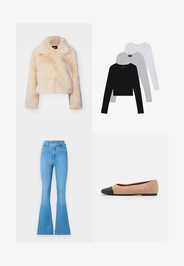 Casaco curto de pele sintética em bege claro, com um colarinho largo e mangas longas, apresentando uma textura suave e felpuda, sem fechos visíveis.; Três camisetas de manga longa empilhadas: preta, cinza e branca. Cada uma tem um decote redondo e um design cropped, feitas de um tecido leve e suave.; Calças de ganga azuis claras, em corte flared, com uma cintura alta, apresentando um fecho de botão duplo e detalhes de costura subtil. Textura suave por todo o lado.; Bailarina em suede bege com biqueira arredondada em couro preto, salto baixo e textura suave, apresentando costura mínima e um design clean.