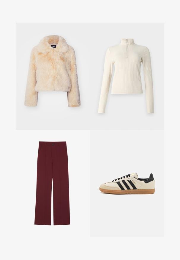Faux fur cropped jacket in light beige, featuring a wide collar and long sleeves, with a soft, fluffy texture and no visible closures.; Cream ribbed pullover with long sleeves and a mock neck. Features a quarter zipper at the front and a fitted design. Plain texture.; Burgundy trousers with a wide leg design, featuring a button closure, two side pockets, and creased front detailing. Smooth fabric texture.; Beige athletic shoe with black stripes, gum rubber outsole, and black accents. Features a smooth leather upper and a rounded toe design.