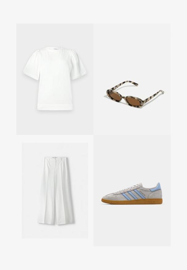 Iznimno kratka jakna od umjetnog krzna u svijetlo bež boji, koja se ističe širokim ovratnikom i dugim rukavima, s mekom, pahuljastom teksturom i bez vidljivih kopčanja.; Bijela majica kratkih rukava s okruglim izrezom, s nabranim rukavima i glatkom pamučnom teksturom. Jednostavan dizajn, bez uzoraka ili naglasaka.; Bershka WIDE-LEG TAILORED - Hlače - white; Sive smeđe tenisice od nubuka s svijetloplave pruge, gumeni potplat i logo detalji. Dizajn niske cipele s okruglim vrhom i vezanjem.; Naočale od kornjače s ovalnim lećama, smeškom nijansom i tankim uzorkovanim stranama. Lagani plastični materijal s suptilnim zlatnim akcentima.; Srebrne visoke naušnice s višestrukim prozirnim kamenčićima, koje imaju kaskadni dizajn i teksturirane površine, postavljene na neutralnu pozadinu.